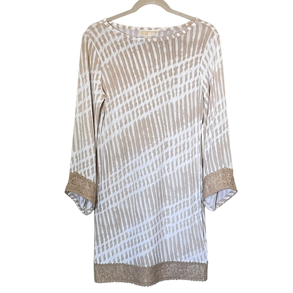 Michael Kors Dress Womens Small Beige White Tie Dye Crochet Trim Boho 3/4 Sleeve - Picture 2 of 11